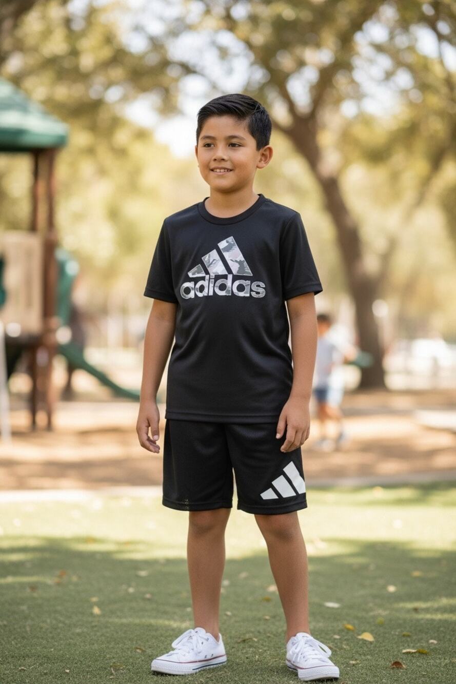 Adidas Boys Athletic Outfit Set Black Camo Logo Shirt Shorts Size 7